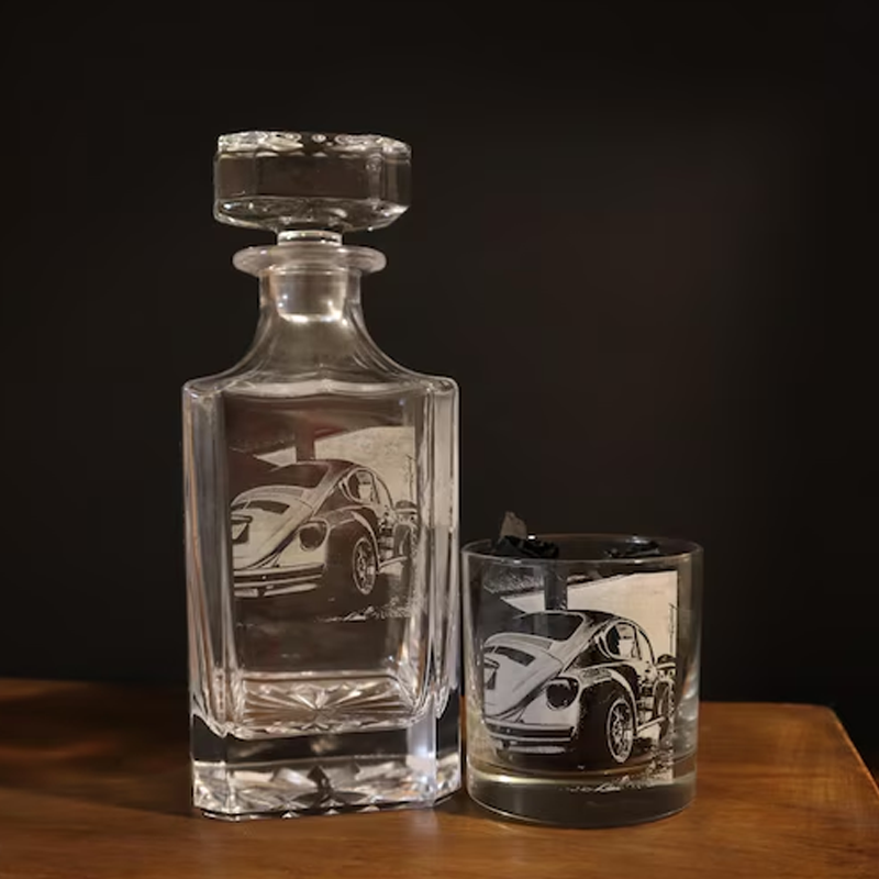 Custom Photo Etched Whiskey Decanter Set Personalised Laser Engraved Bourbon Bottle & Glasses Anniversary Gift for Him