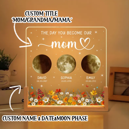 Custom Kids Moon Phase Night Light Personalized Moon Phase Crystal Lamp The Day You Become Our Mom Gifts for Mom Grandma