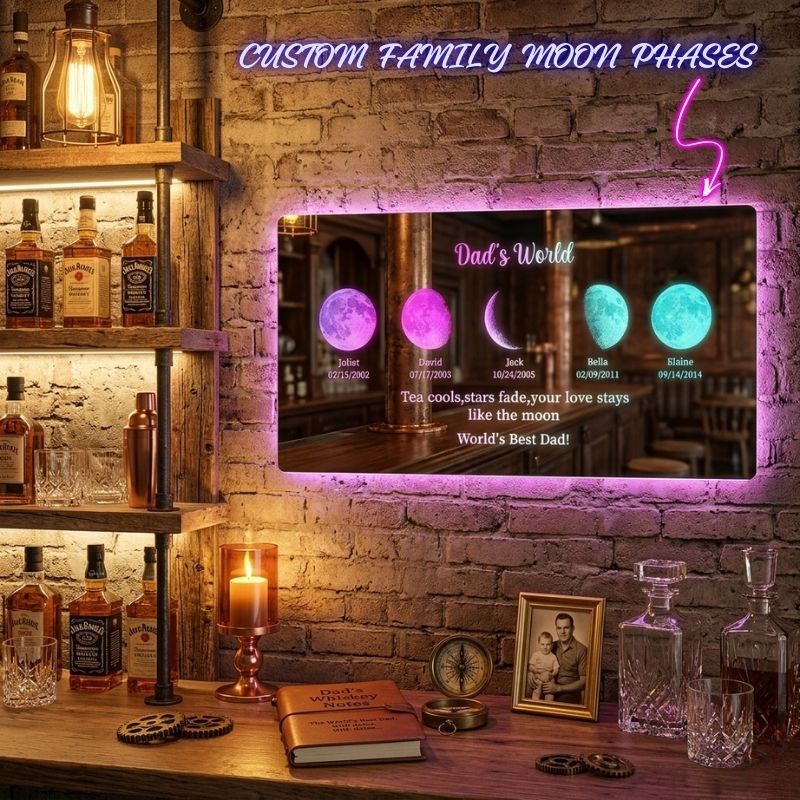 Custom LED Mirror Light Frame with Text and Date Personalized Moon Phase Mirror Lamp Dad's Universe Gift for Dad
