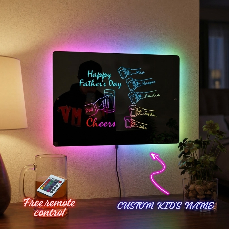 Personalized Cheers Dad Mirror Light Custom Dad & Child Names Happy Father's Day Whiskey Beer Theme Lamp