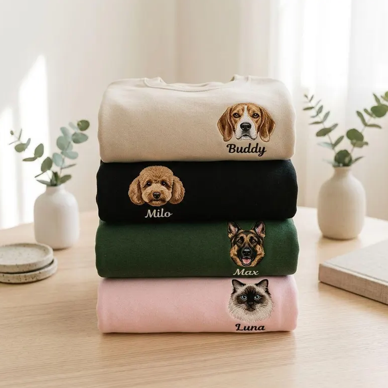 Custom Pet Embroidered Sweatshirt Personalized Dog and Cat Photo Portrait and Name Hoodie Gifts for Dog Mom