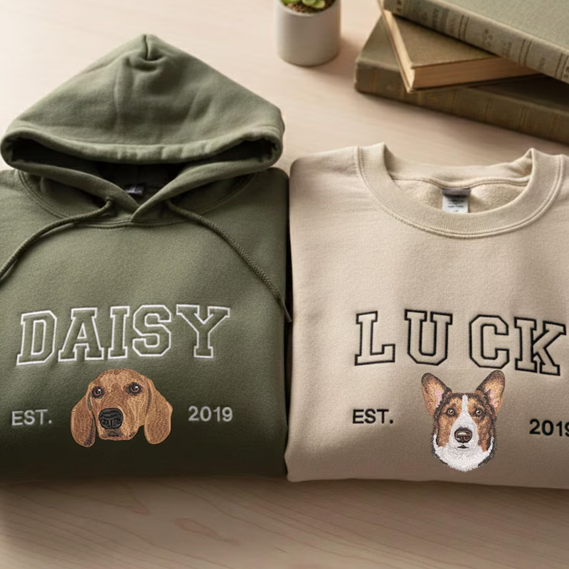 Custom Embroidered Hoodie with Dogs Personalized Pet Portrait and Name Sweatshirt Gifts for Dog and Cat Lovers