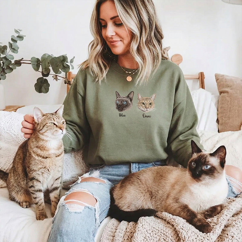 Custom Pet Portrait Sweatshirt with 1 to 3 Pets Photos and Names Embroidered Hoodie Gifts for Cat Lover & Dog Lovers