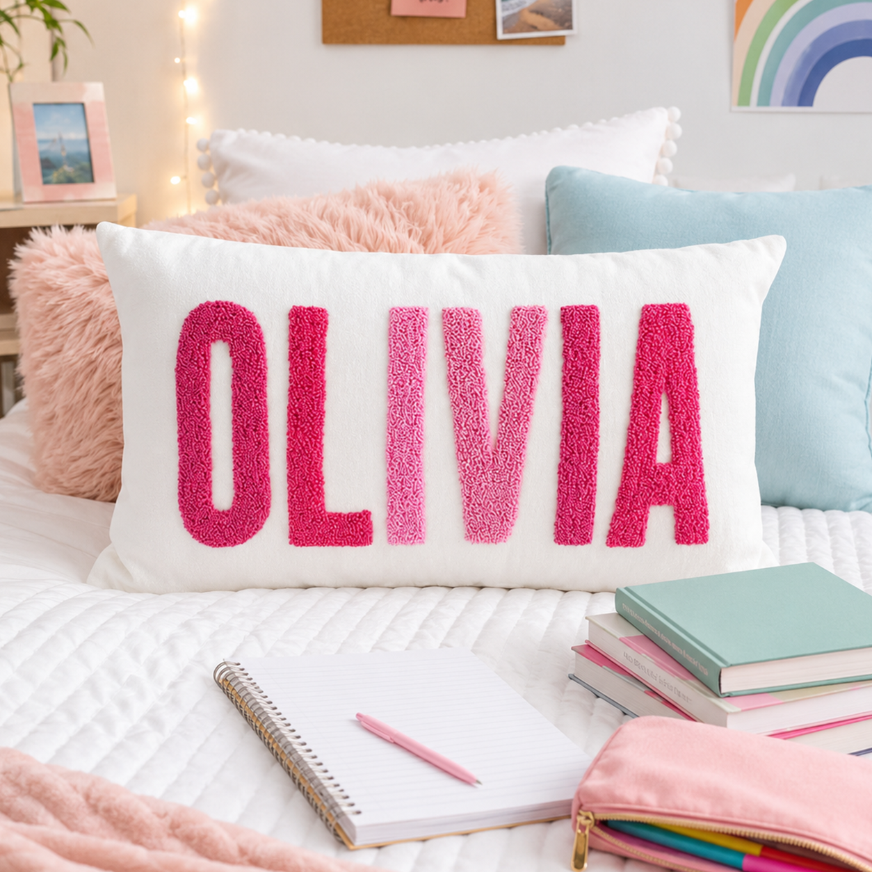 Finished Handmade Personalized Name Embroidered Pillow Back to School Gifts Punch Needle Dorm Decor Gift for Students
