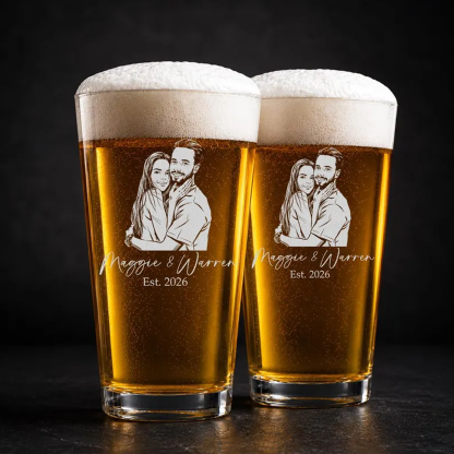 Personalized Photo Beer Pint Glass with Custom Text Laser Etched Couples Portrait Glass Anniversary Wedding Gift