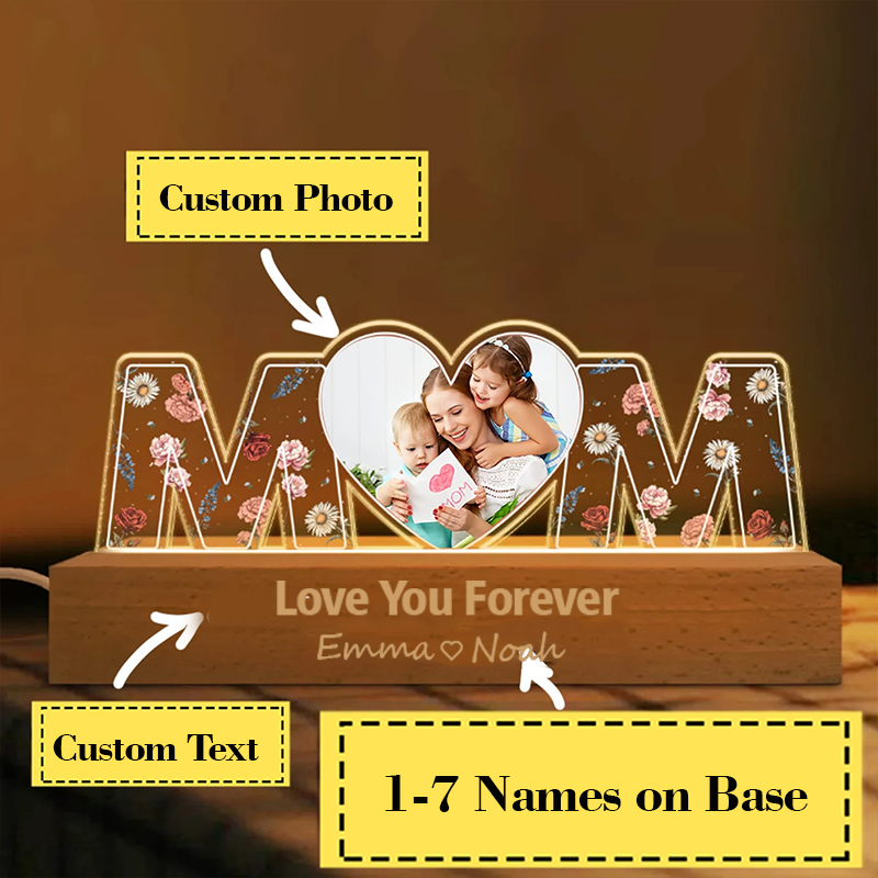 Personalized Mom Heart Photo Night Light Custom Text and Name LED Night Light Mother's Day Gift