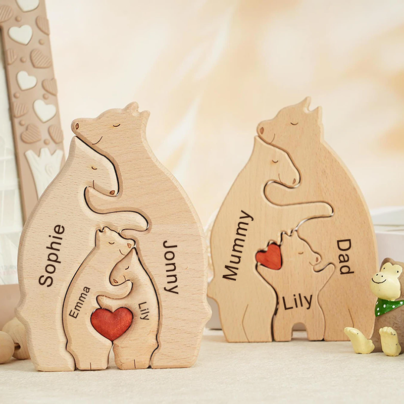 Personalized Wooden Bear Family Name Puzzle Engraved Wooden Custome Animal Family Gift for Parents & Kids