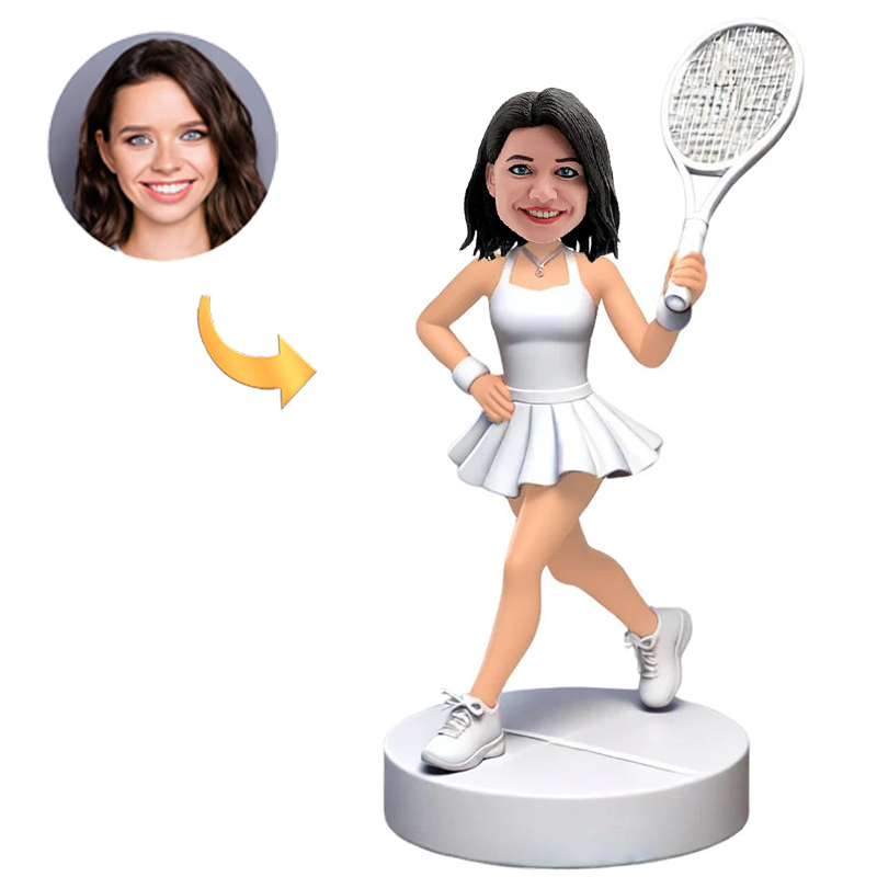 Handcraft Custom Bobblehead Woman Playing Tennis in White Suit Sexy Female Tennis Player