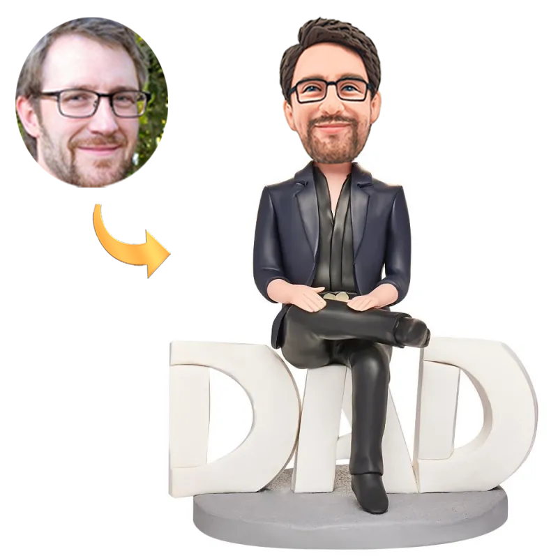 Handmade Business Dad in Suit Sitting on DAD Base Custom Bobbleheads