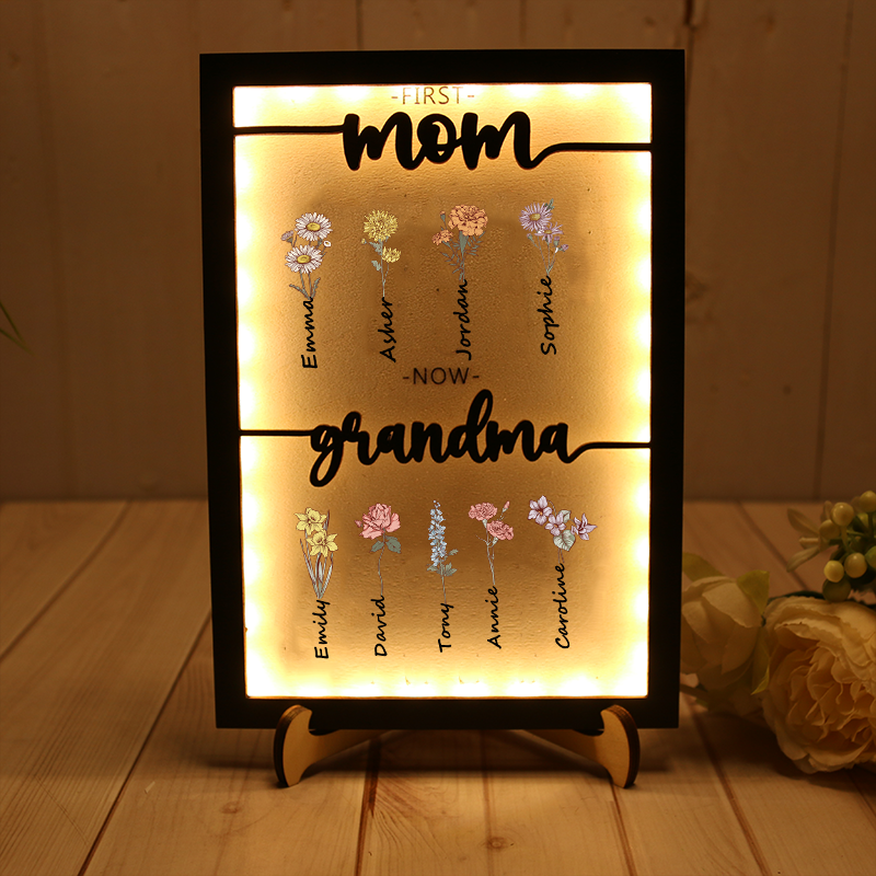 Grandma Garden Wooden Sign Night Light Personalized Name Birth Month Flower Frame Gift For Mom and Grandma