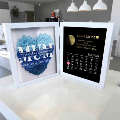 Custom Real Moon Phase Heart Flower Shadow Box Personalized Names Mom We Love You Flower Frame Calendar Unique Gift for Mother