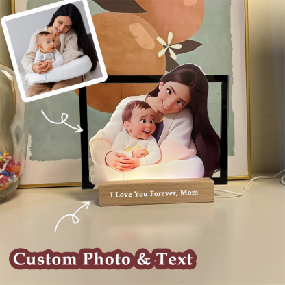 Personalized Heart Cartoon Portrait Style 3D Photo and Text Frame Night Light Mothers Day Gifts