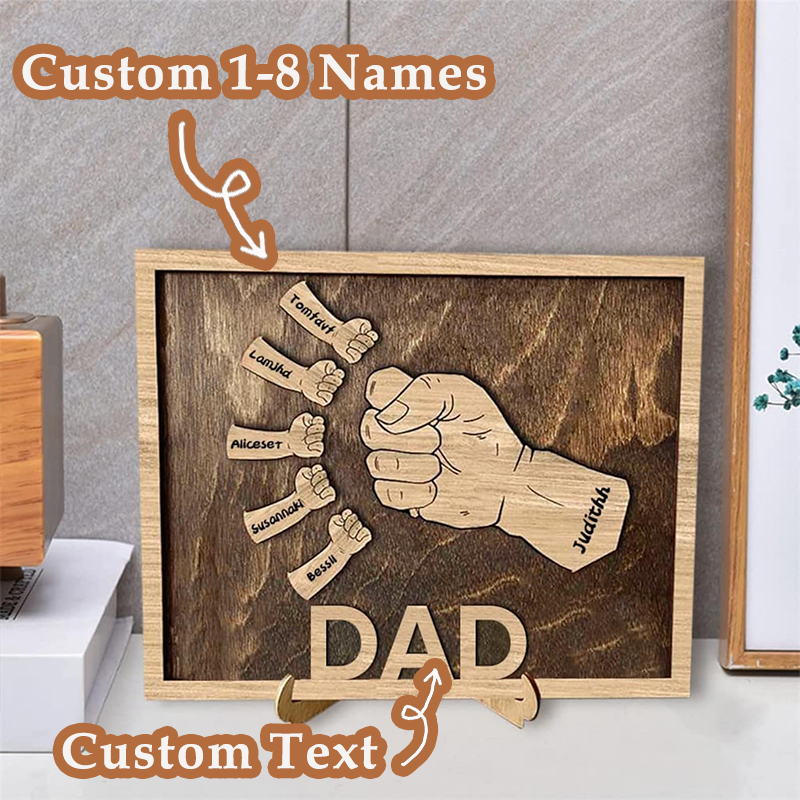Custom Fist Bump Sign Dad and Kids Wooden Frame Personalized Name Fists Handprint Sign Family Gift Idea for Dad