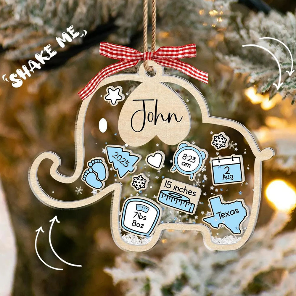 Personalized Baby First Christmas 4D Shaker Ornament Elephant Kid Boy Girl Xmas Gifts for Baby
