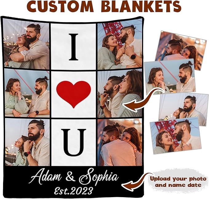 Custom Photos Collage Blanket Personalized Throw Blanket with Photos Text Gift for Family Couple