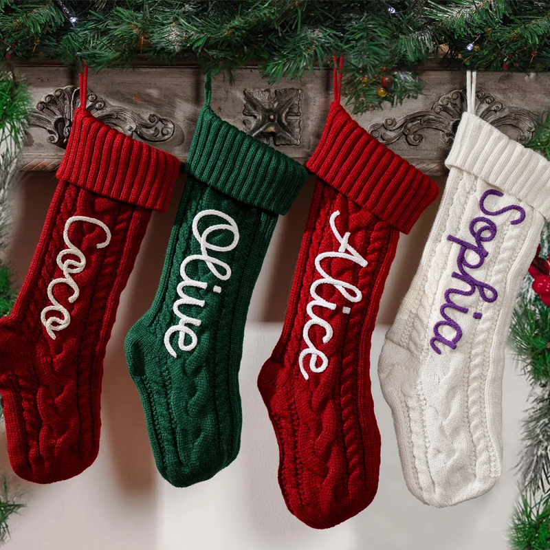 Handmade Personalized Name Hand Embroidered Christmas Stockings Custom Knit Socks Ornament with Name Family Xmas Gifts