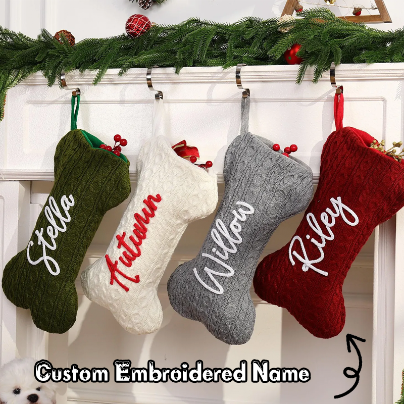 Personalized Name Hand Embroidered Dog Bone Knitted Pet Stockings Bone