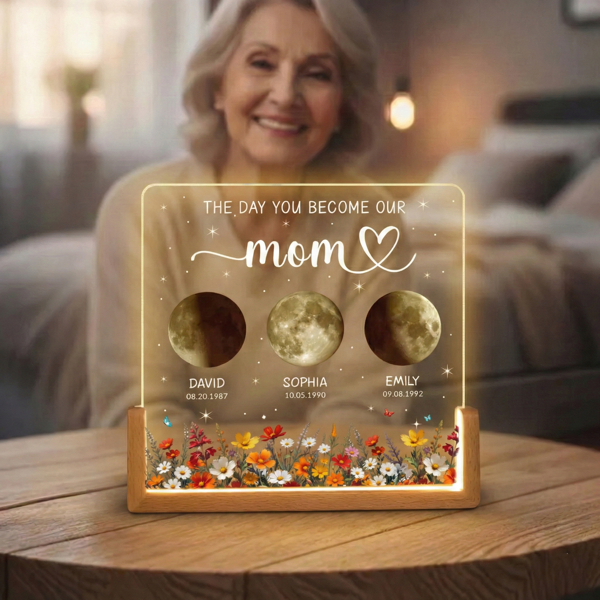 Custom Kids Moon Phase Night Light Personalized Moon Phase Crystal Lamp The Day You Become Our Mom Gifts for Mom Grandma