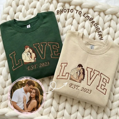 Custom Couple Embroidered Sweatshirt from Photo Personalized Picture Portrait Hoodie with Love and Est Year Couple Valentine Gifts