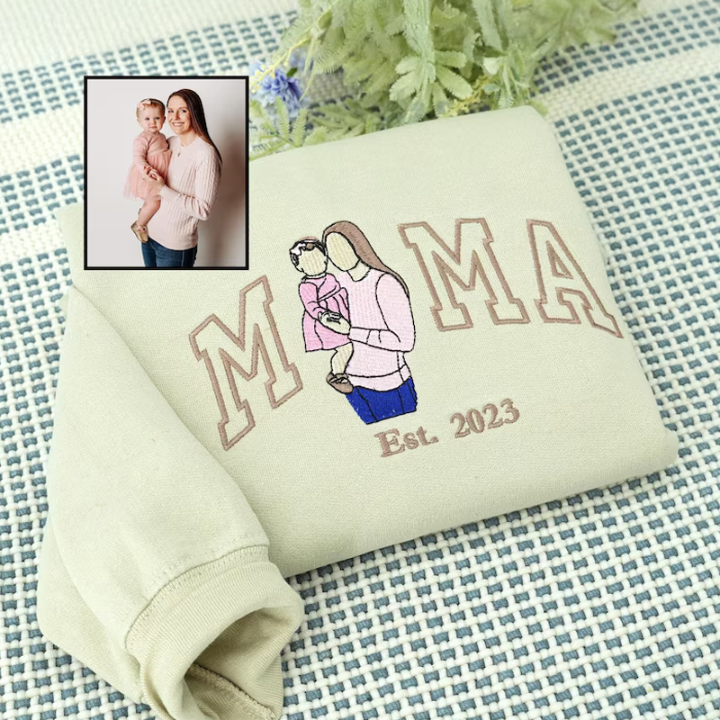 Personalized Embroidered Mama Portrait Sweatshirt Custom Embroidered Hoodie with Family Photo Mother's Day Gifts