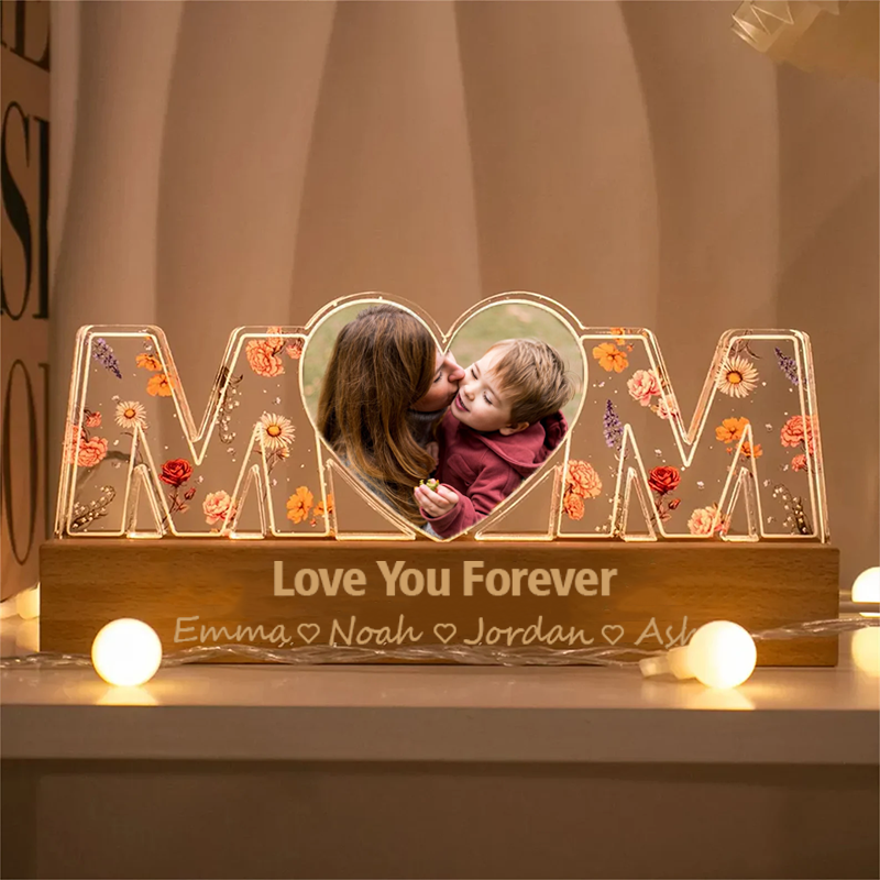 Personalized Mom Heart Photo Night Light Custom Text and Name LED Night Light Mother's Day Gift