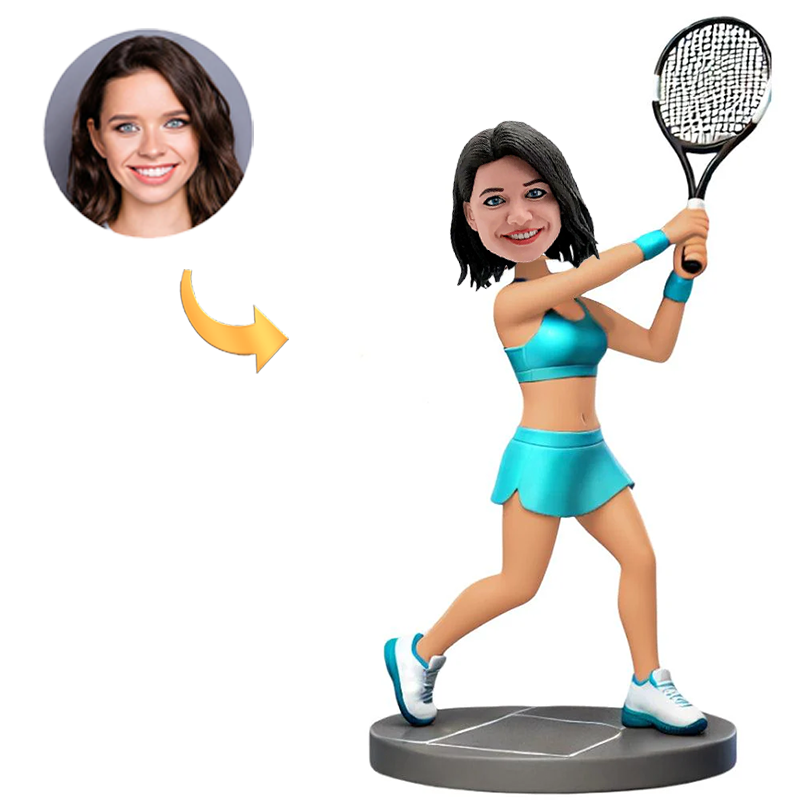 Handcraft Blue Suit Female Tennis Player Custom Bobbleheads Add Text