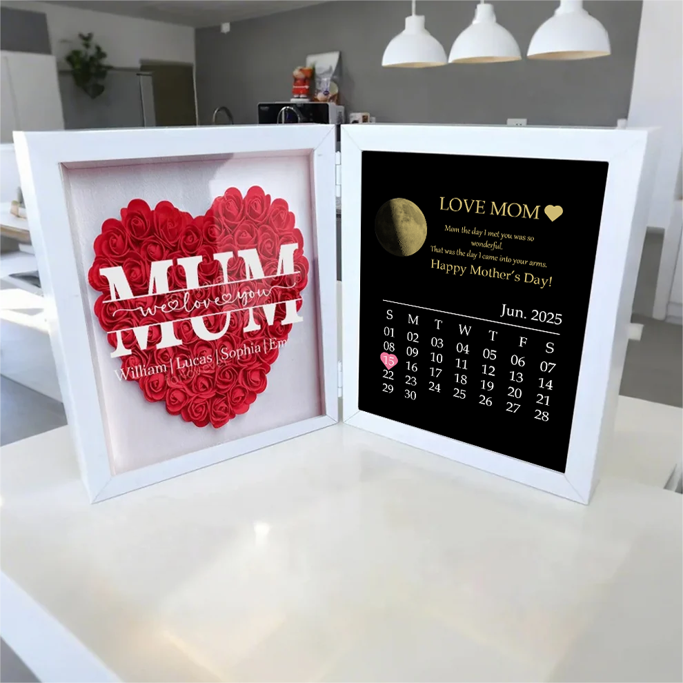Custom Real Moon Phase Heart Flower Shadow Box Personalized Names Mom We Love You Flower Frame Calendar Unique Gift for Mother