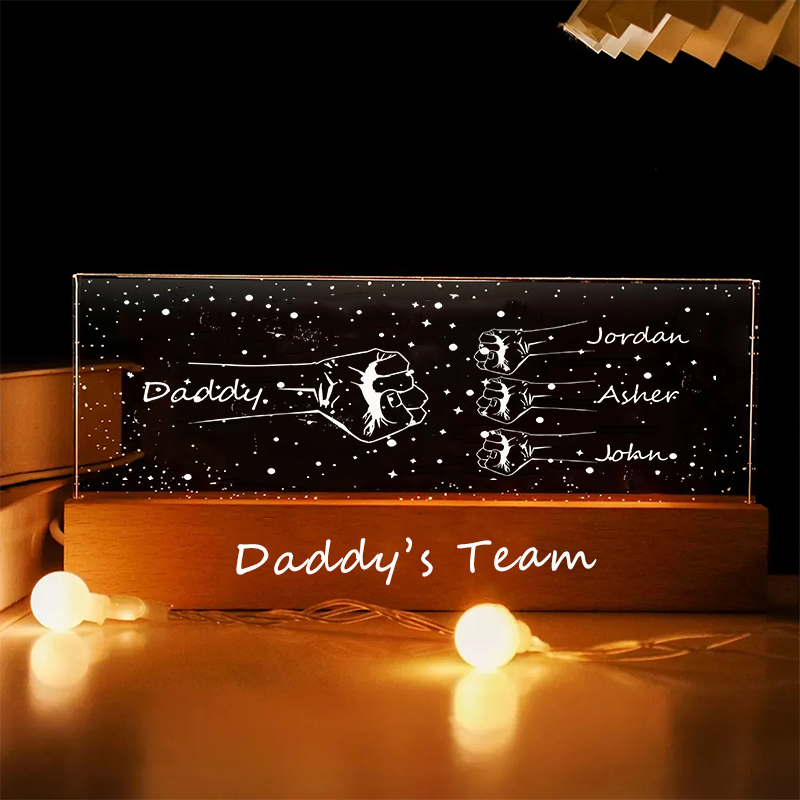 Personalized Daddy's Team Fist Bump Acrylic LED Night Light Custom Dad and Kids Family Hands Lamp Fathers Day Gifts