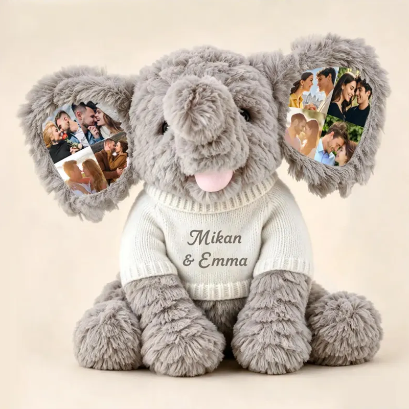 Personalized Photo Elephant Plush with Embroidered Name Custom 8 Pictures Ear Stuffed Elephant Anniversary Gift for Couples