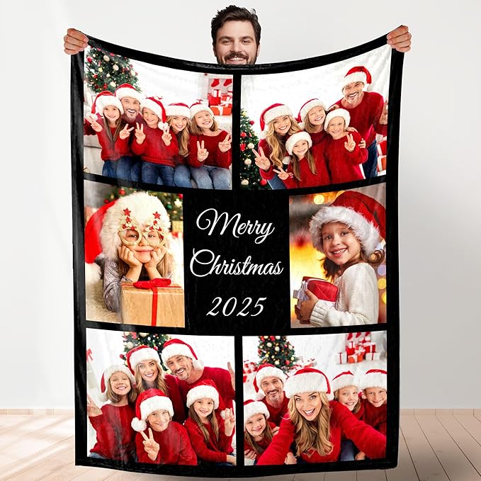 Custom Christmas Blanket with Collage Picture Personalized Merry Chris