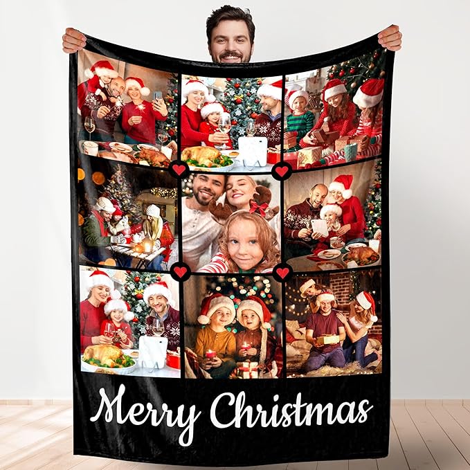 Custom Christmas Blanket with Collage Picture Personalized Merry Chris