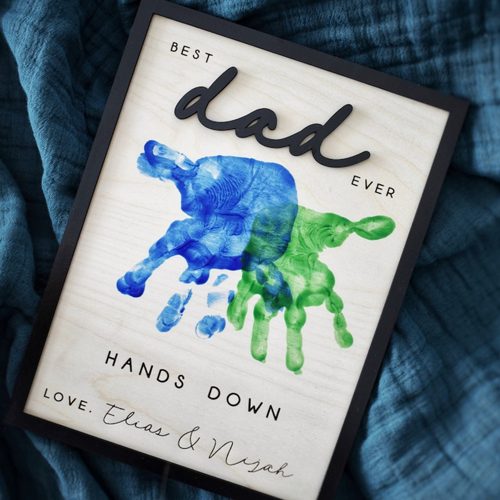 Hands Down Best Dad Ever Personalized Engraved Wooden Sign Plaque with Your Own Handprints and Custom Message Fathers Day Gift