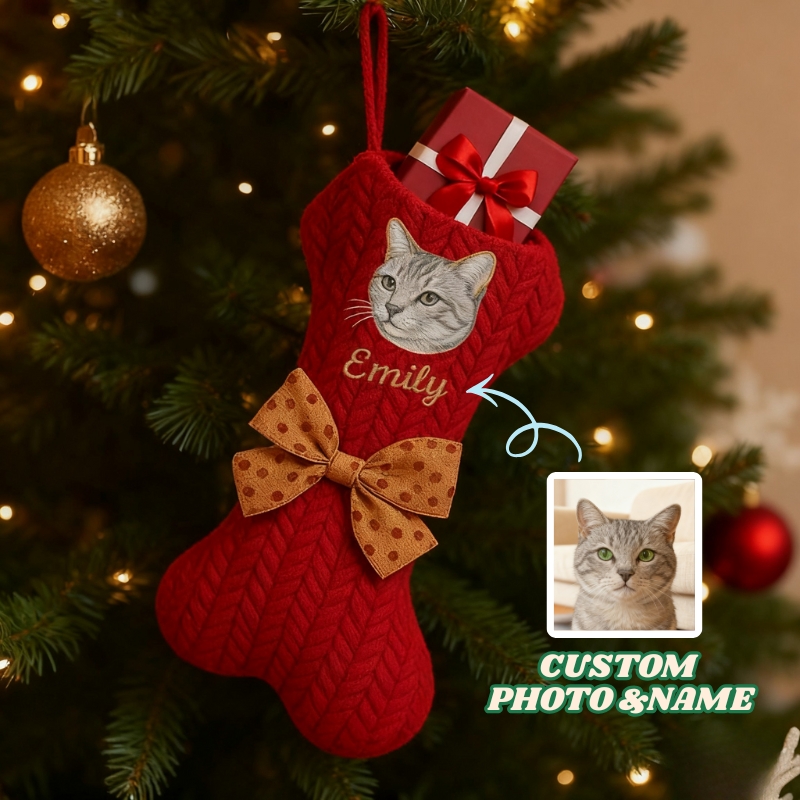Personalized Pet Portrait Christmas Stocking Custom Dog Bone Knit Stocking with Embroidered Pet Face & Name Holiday Gift for Dogs Cats