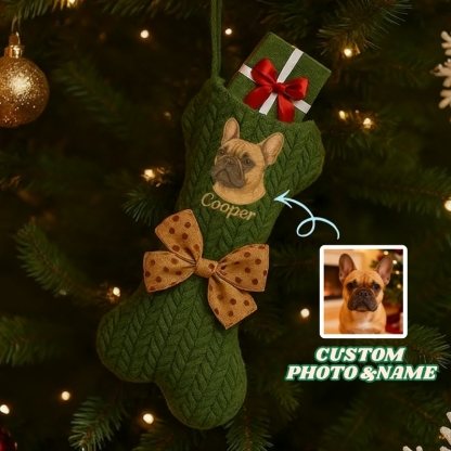 Personalized Pet Portrait Christmas Stocking Custom Dog Bone Knit Stocking with Embroidered Pet Face & Name Holiday Gift for Dogs Cats