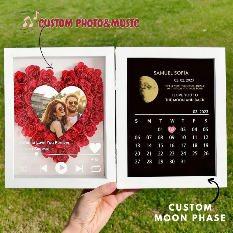 Personalized Photo Flower Shadow Box with Real Moon Phase Music Box Plays Music Anniversary Gift for Her