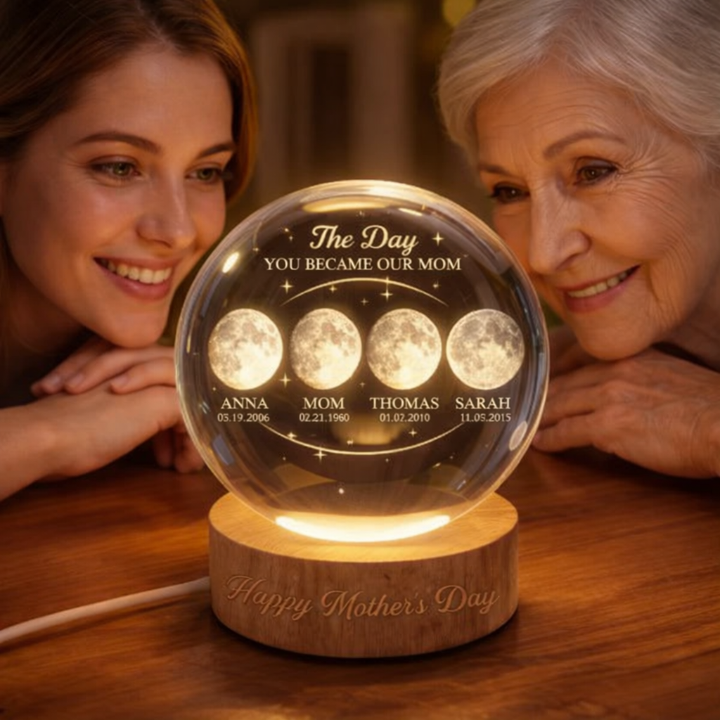 The Day You Became Our Mom Custom Moon Phase Crystal Ball Night Light Personalized Kids Name and Date Lamp Mother's Day Gift
