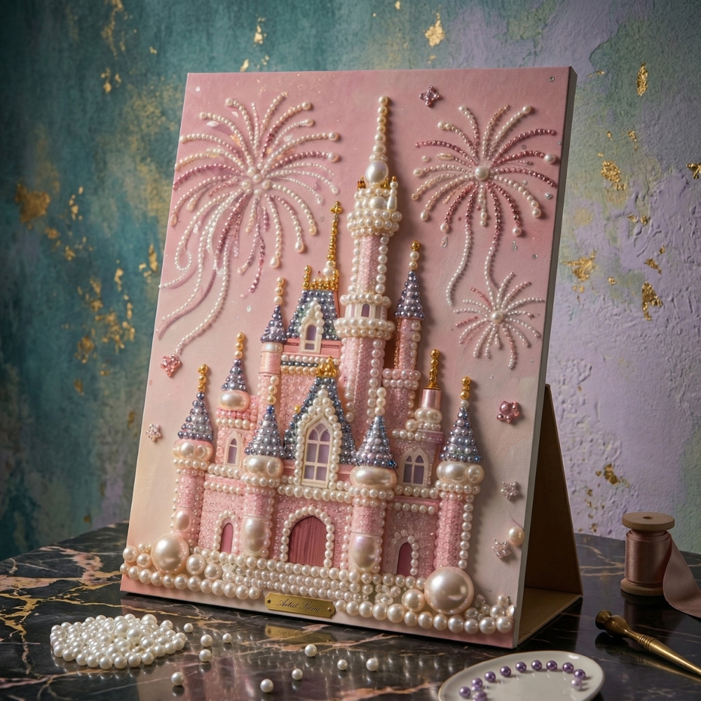 DIY Pink Castle Pearl Painting Kit - Handmade Crystal Diamond Art with Frame Beginner-Friendly Wall Decor Gift for Friends