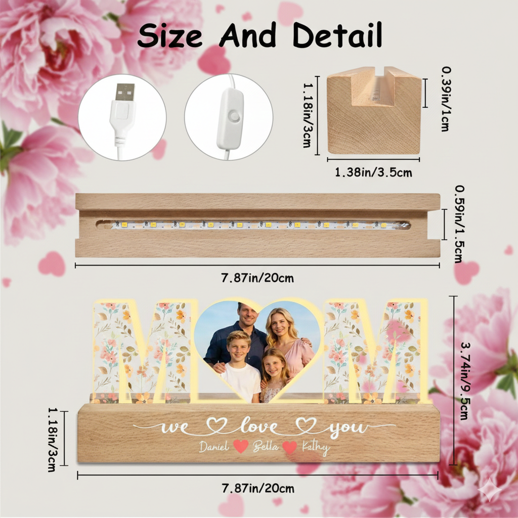 Personalized Mom Photo LED Night Light with Kids Names Acrylic Block Custom Mom Heart Photo Night Light Mother's Day Gift