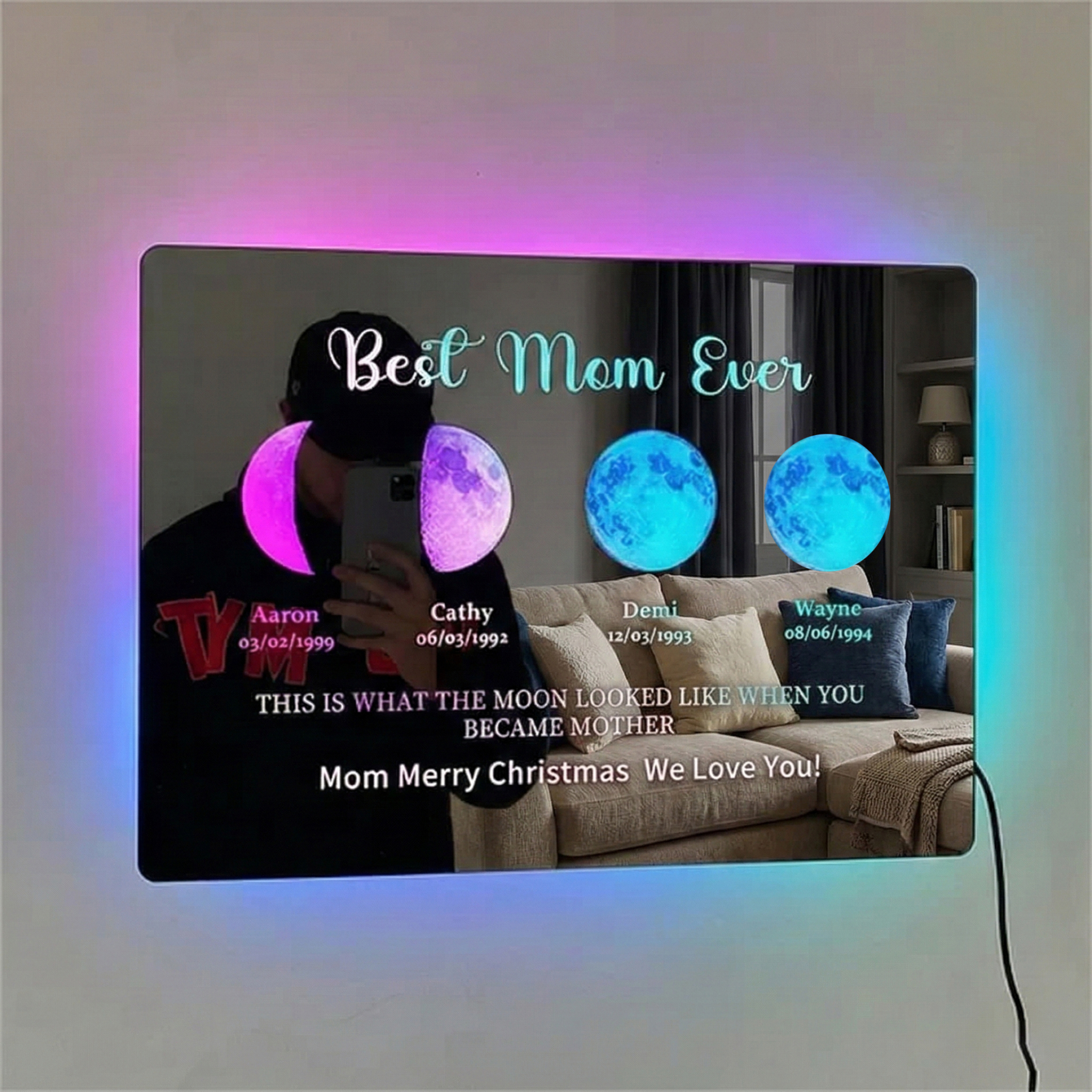 Custom Mom & Kids Galaxy Moon Phase Mirror Lamp Personalized Neon Light for Bedroom Mother's Gift for Mom