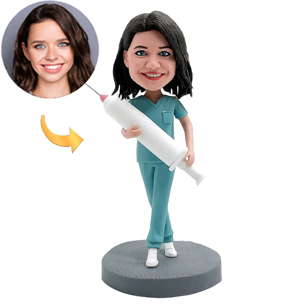 Nurse Holding a Syringe Custom Bobblehead with Engraved Text