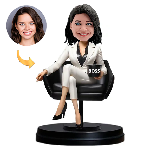 Female Boss Sitting on a Chair Custom Bobblehead with Engraved Text