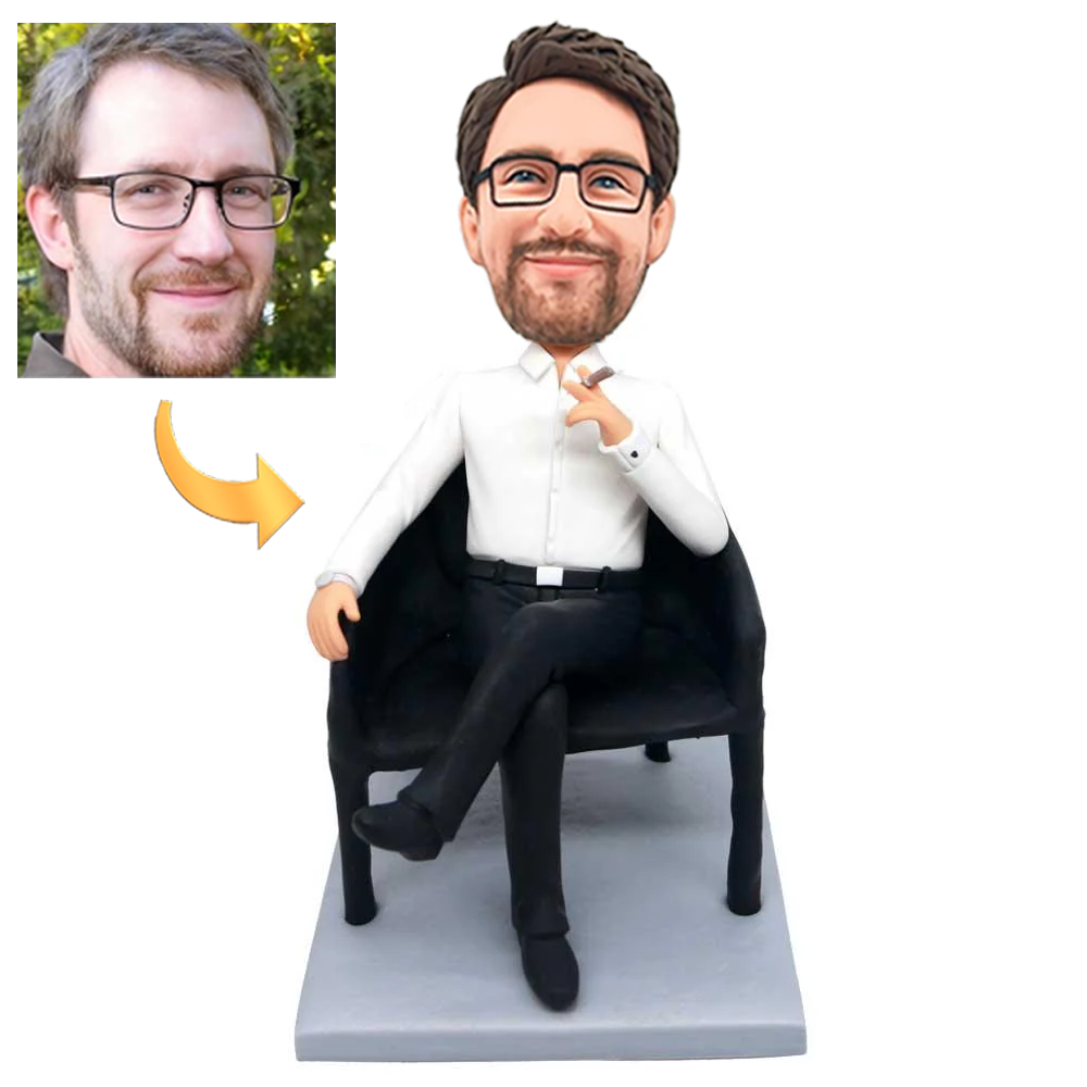 Boss with Cigar Sitting on a Chair Custom Bobblehead with Engraved Text