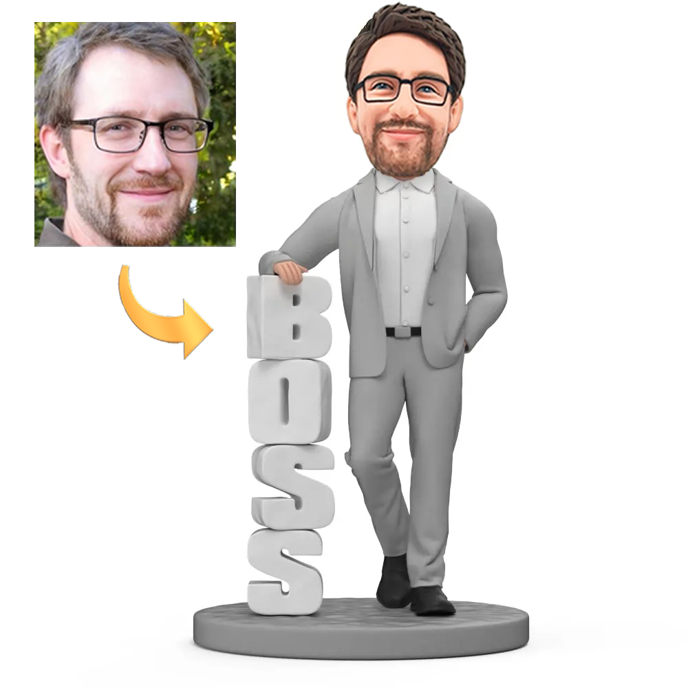 Boss's Day Gift Custom Bobblehead of Boss in Gray Suit