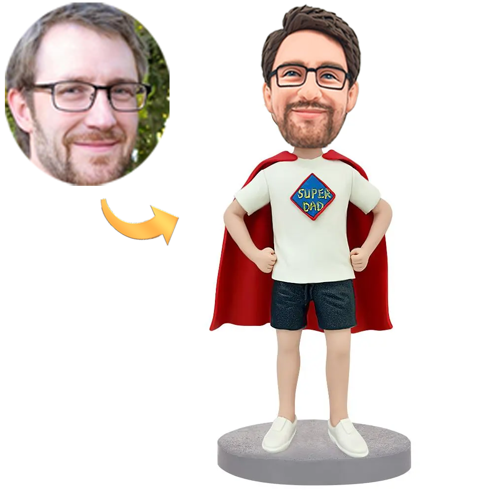 Super Dad In A Cloak Casual Wear Custom Bobbleheads With Engraved Text