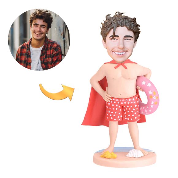 Man Wearing a Swimming Ring and a Superhero Cape Custom Bobblehead with Engraved Text