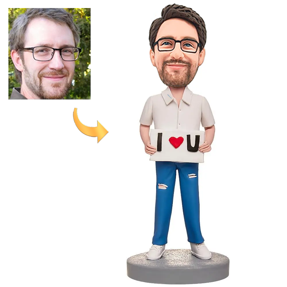 Custom Male Bobblehead Holding I Love You with Personalized Engraving