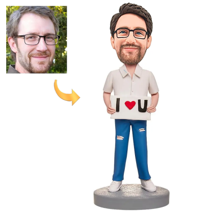 Custom Male Bobblehead Holding I Love You with Personalized Engraving