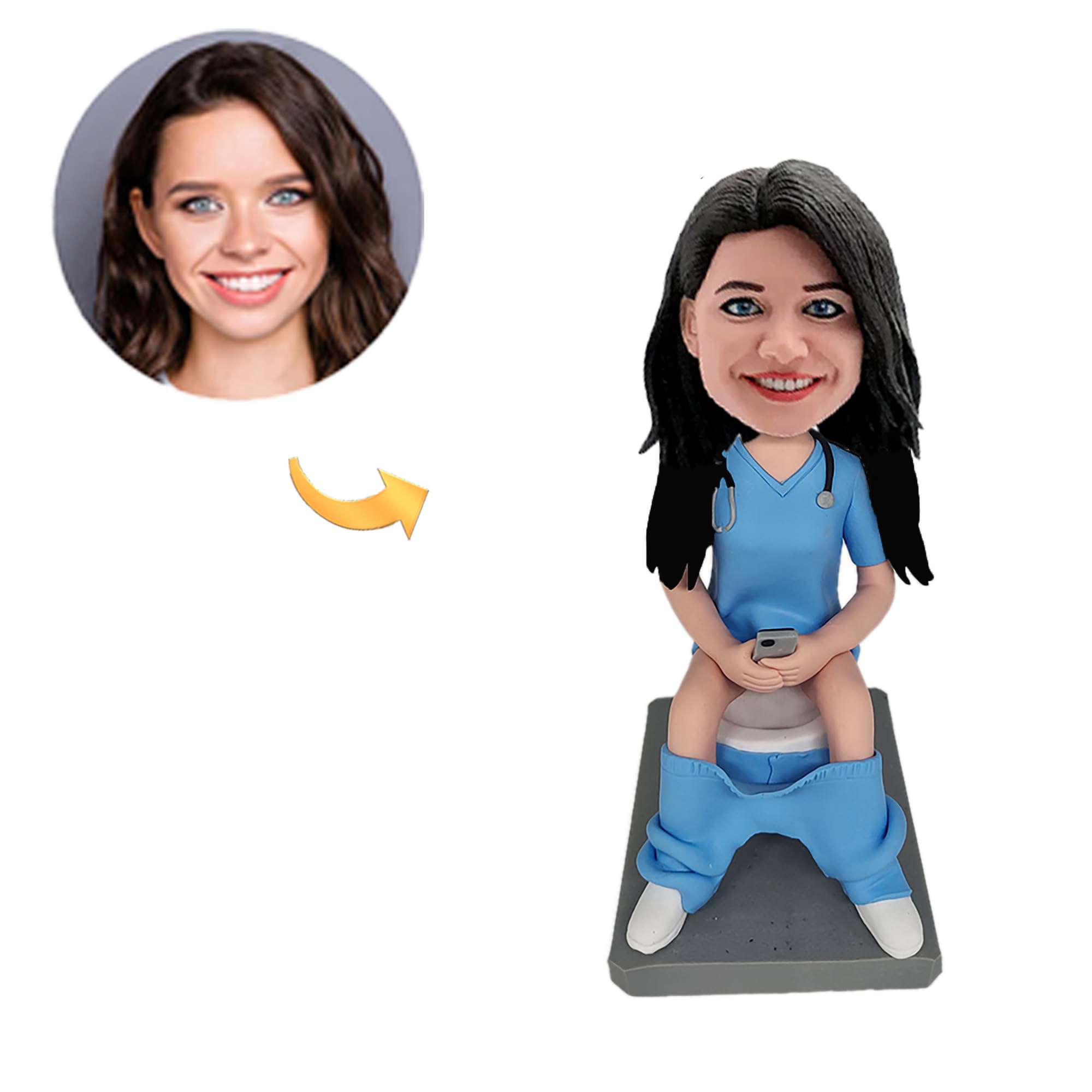 Funny Bobblehead Clay Figurine of a Woman Sitting on the Toilet