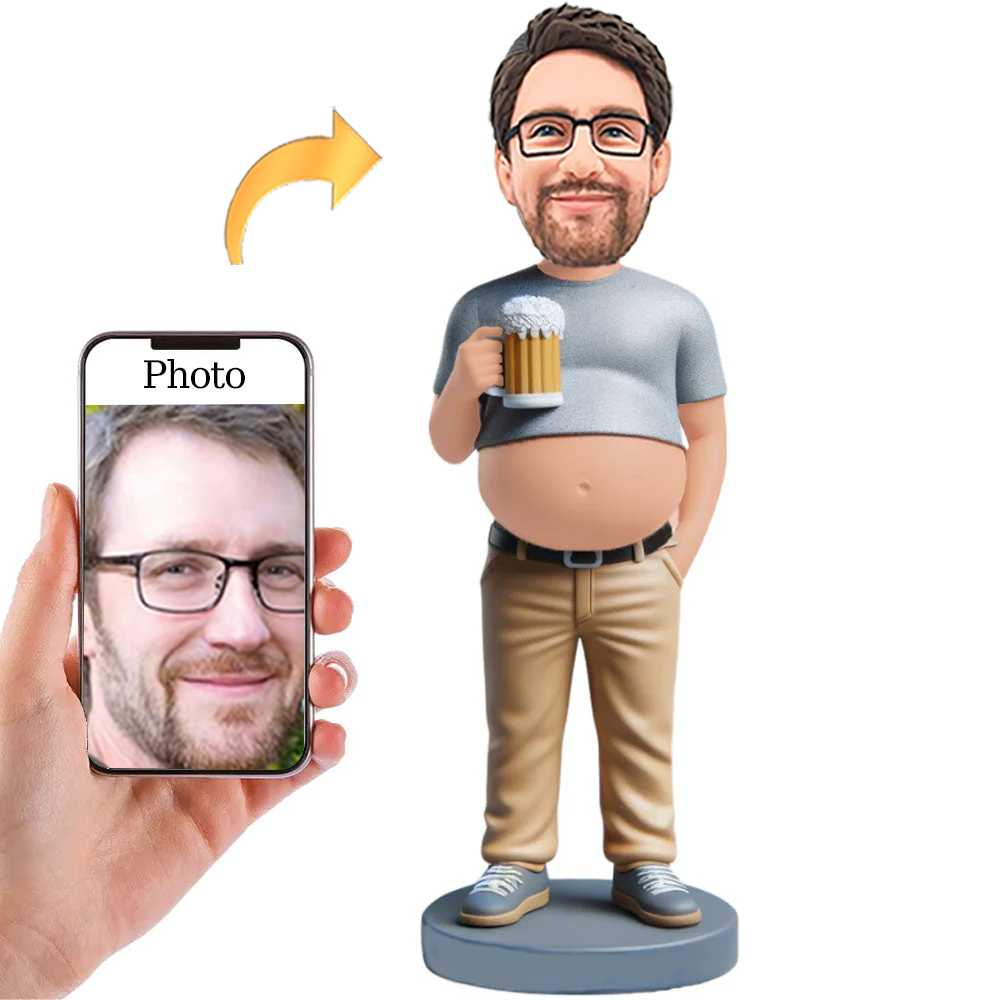 Man with Beer Belly Holding a Glass Cup Custom Bobblehead with Engraved Text