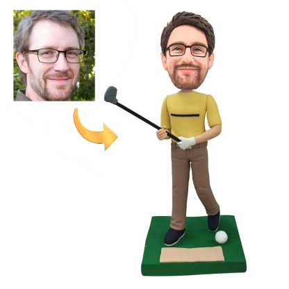 Custom Bobblehead of a Golfer Swinging His Club with Personalized Engraving